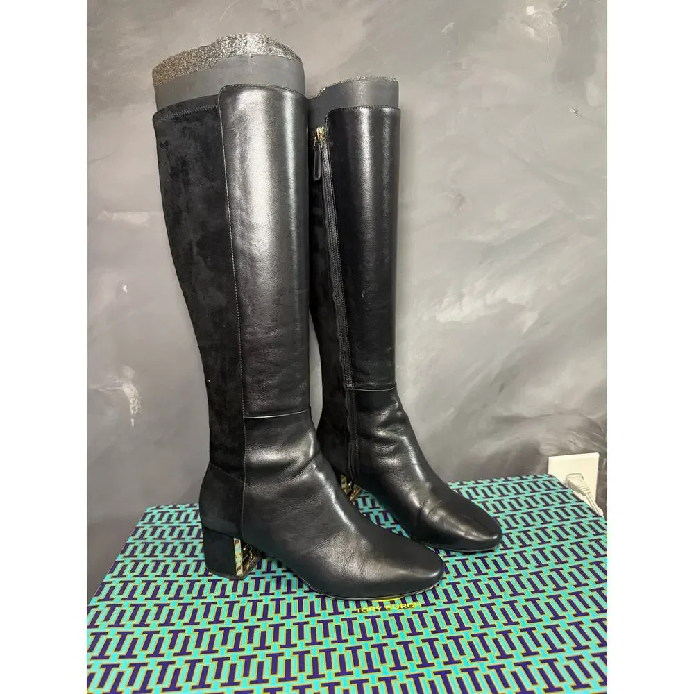 Tory Burch GIGI 55mm Tall Boots Calf Leather Stretch Suede Black Gold Size 8